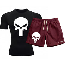 Kit Camiseta Térmica Manga Curta Uv E Bermuda Elastano Estampa Justiceiro Rash Guard