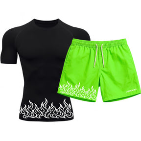 Kit Camiseta Térmica Manga Curta Uv E Bermuda Elastano Estampa Fire Line Blaze Rash Guard