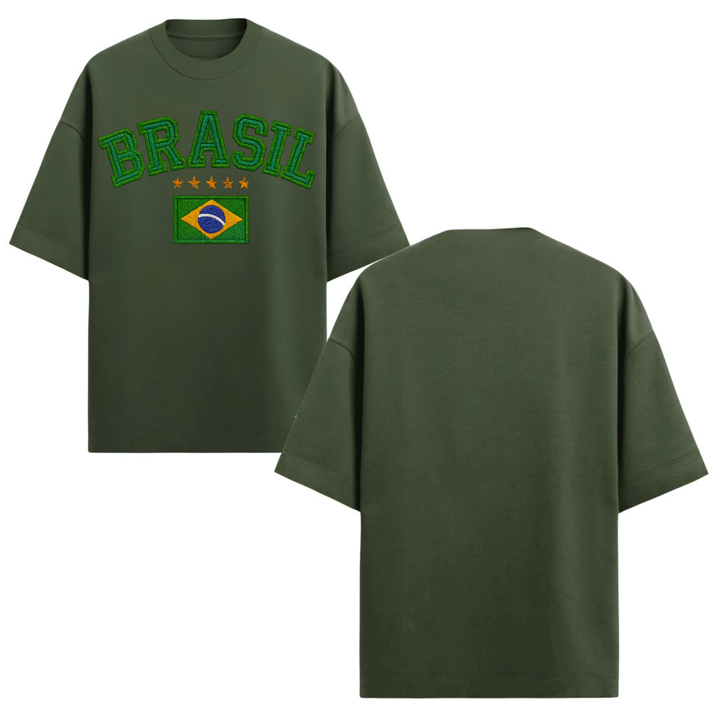 Camiseta Oversized Manga Curta Brasil Estilo Bordado Varias Cores