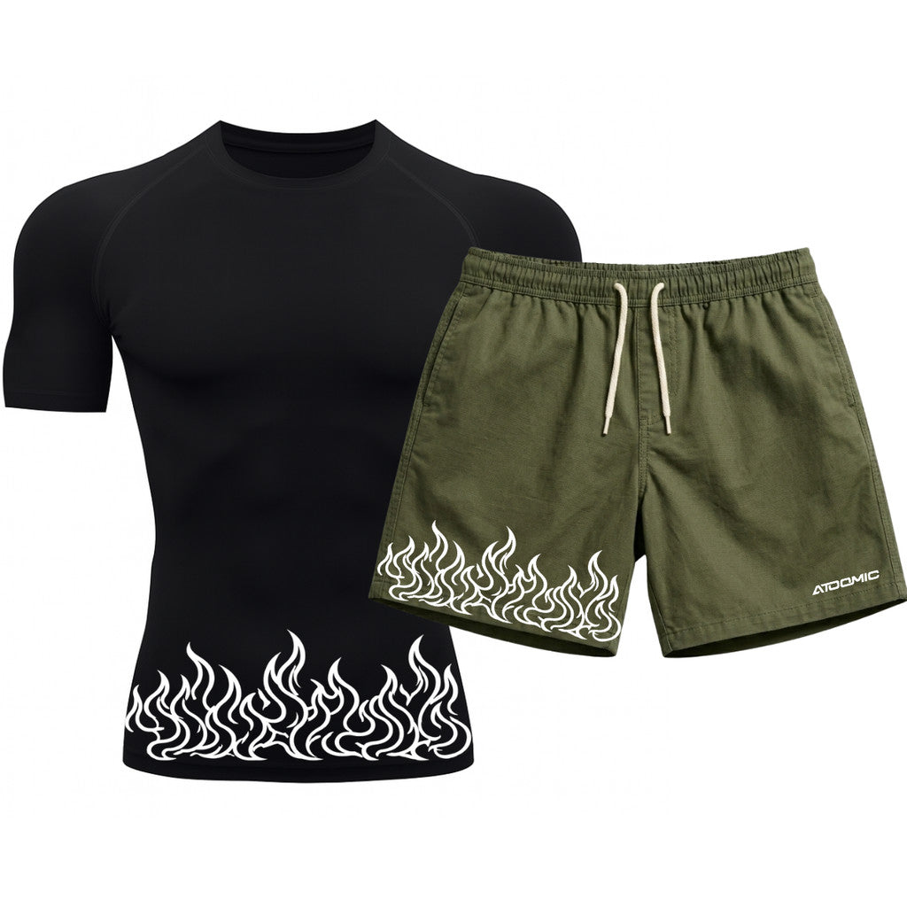 Kit Camiseta Térmica Manga Curta Uv E Bermuda Elastano Estampa Fire Line Blaze Rash Guard