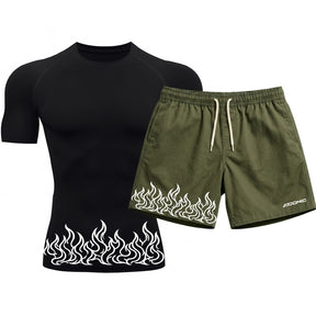 Kit Camiseta Térmica Manga Curta Uv E Bermuda Elastano Estampa Fire Line Blaze Rash Guard