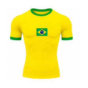 Camiseta Compressão Manga Curta Bandeira Do Brasil Colorida Rash Guard