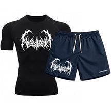 Kit Camiseta Térmica Manga Curta Uv E Bermuda Elastano Estampa Cyber Tribal Dark Metal Rash Guard