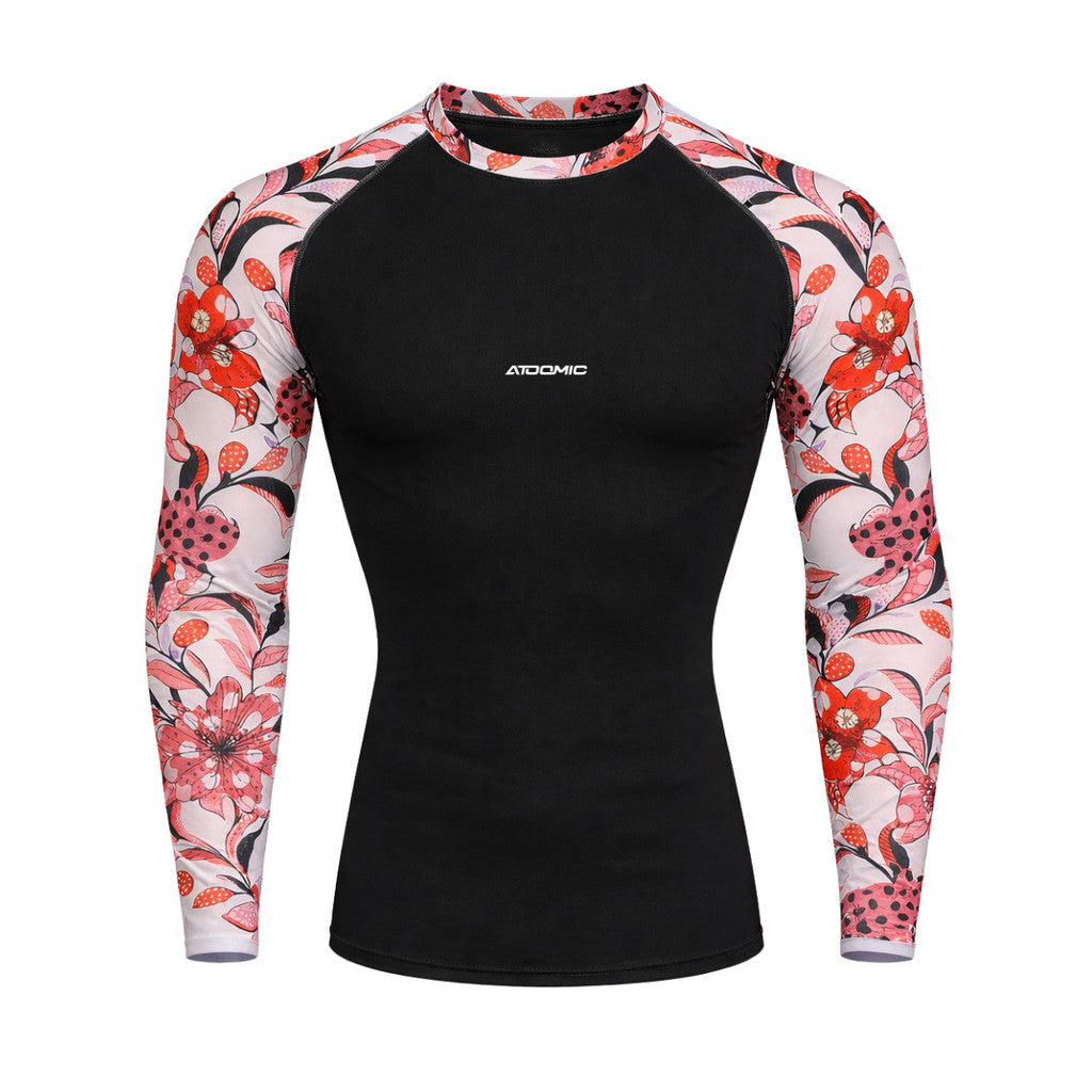 Camiseta Feminina Manga Branca Com Flores Vermelhas Compressão Proteção Uv 50+