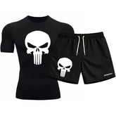 Kit Camiseta Térmica Manga Curta Uv E Bermuda Elastano Estampa Justiceiro Rash Guard
