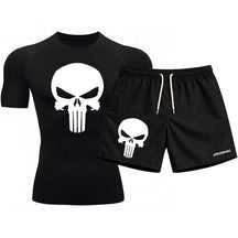 Kit Camiseta Térmica Manga Curta Uv E Bermuda Elastano Estampa Justiceiro Rash Guard