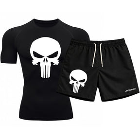Kit Camiseta Térmica Manga Curta Uv E Bermuda Elastano Estampa Justiceiro Rash Guard