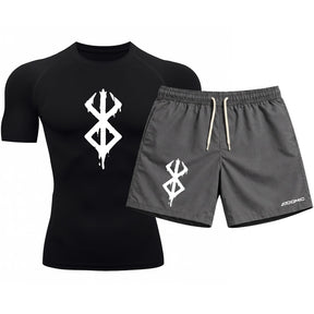 Kit Camiseta Térmica Manga Curta Uv E Bermuda Elastano Estampa Berderk Rash Guard