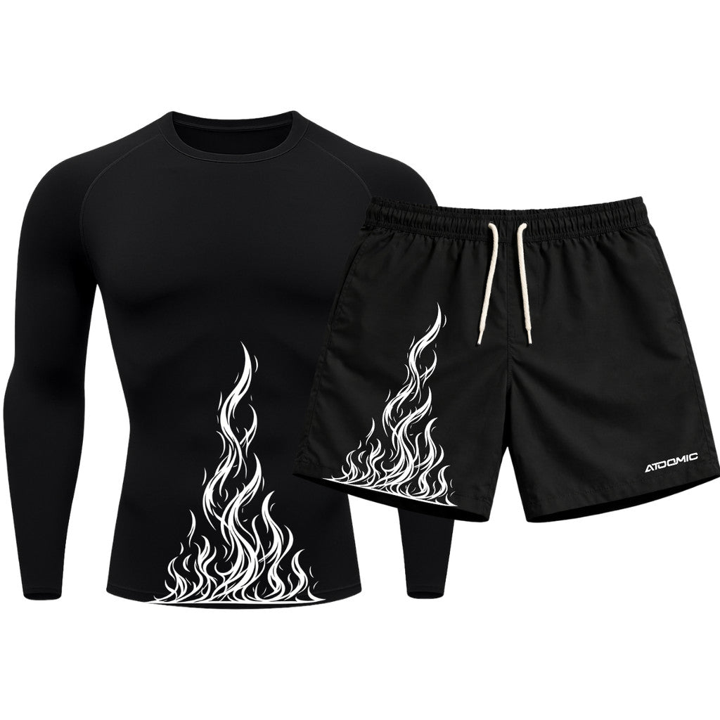 Kit Camiseta Térmica Manga Longa Uv E Bermuda Elastano Estampa Fire Ascension Rash Guard