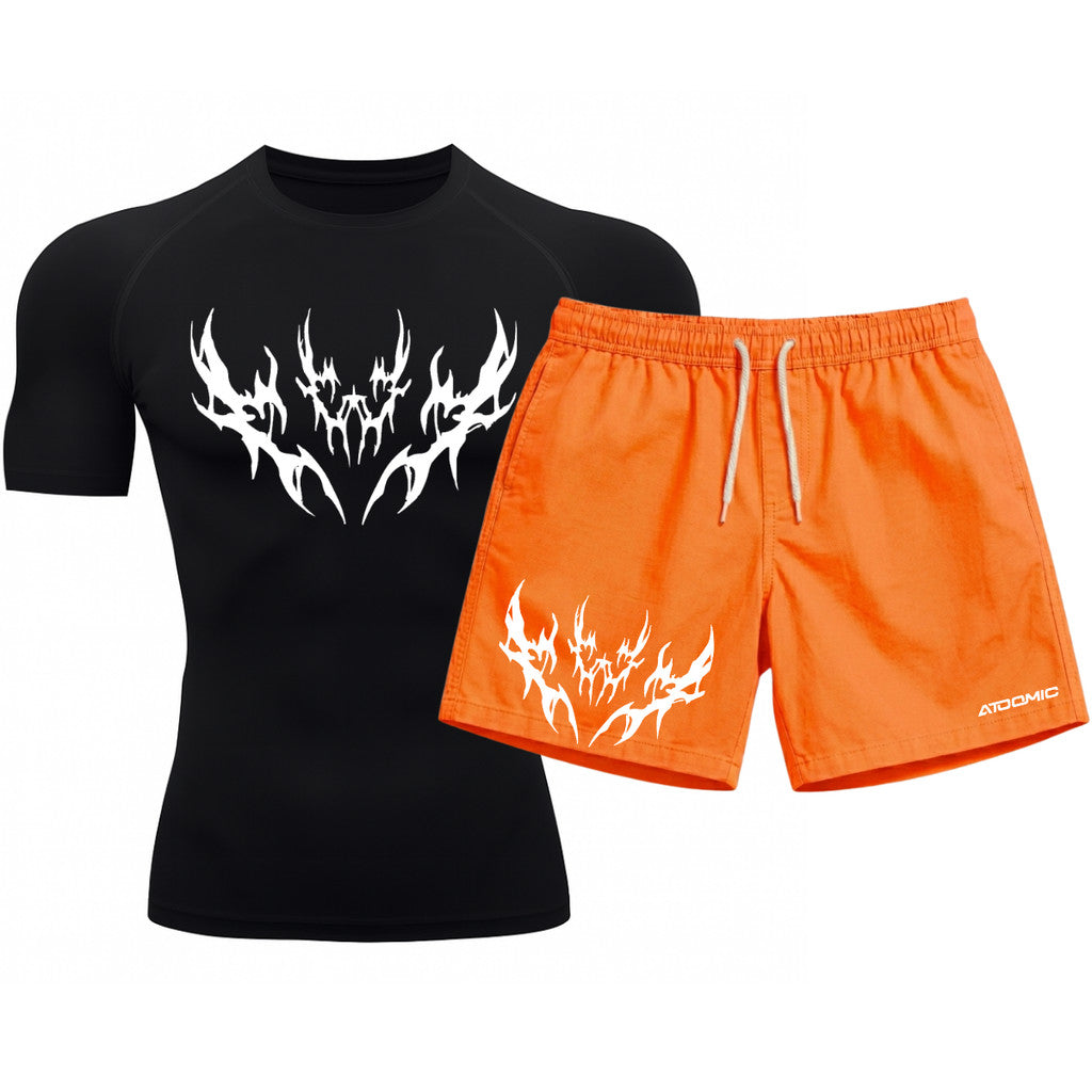 Kit Camiseta Térmica Manga Curta Uv E Bermuda Elastano Estampa Cyber Tribal Apex Shadow Rash Guard