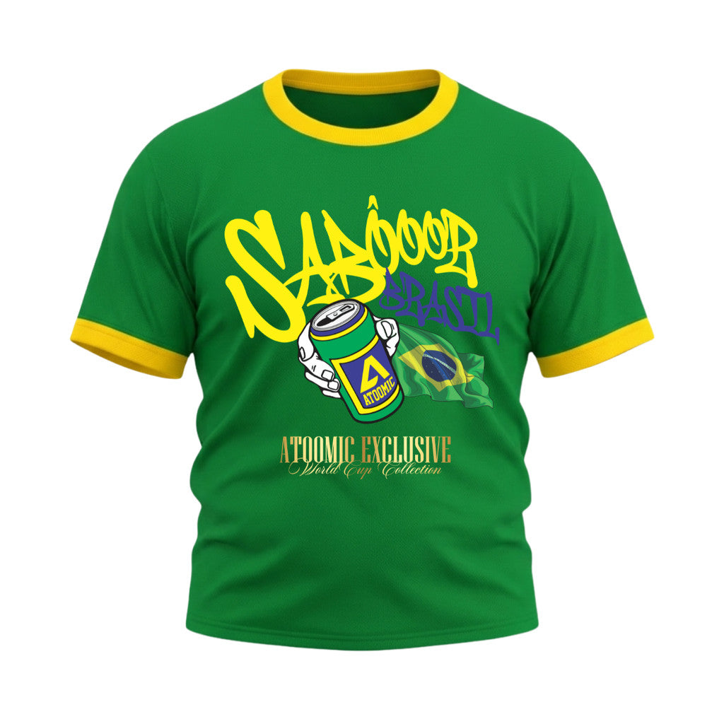 Camiseta Plus SIze Manga Curta Gola E Manga Colorida UV Atoomic Sabor Brasil Edition Copa