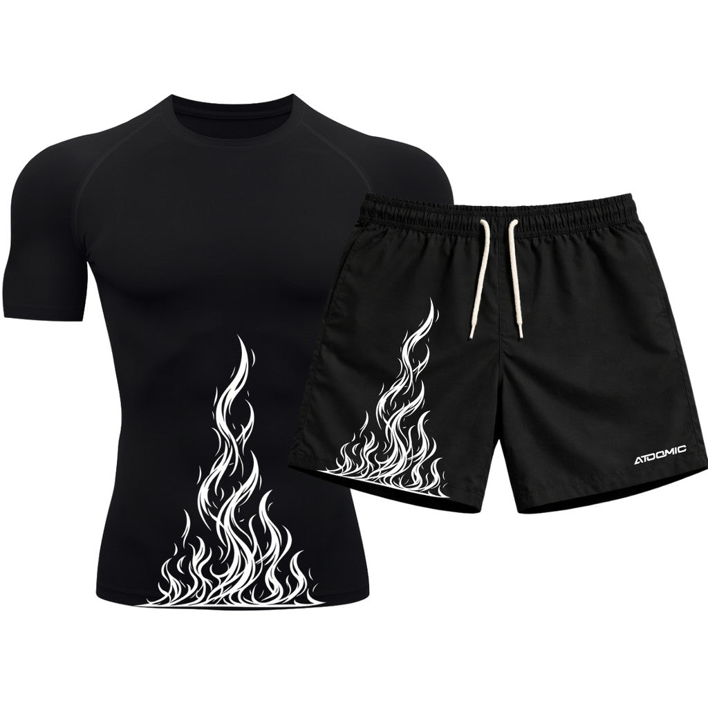 Kit Camiseta Térmica Manga Curta Uv E Bermuda Elastano Estampa Fire Ascension Rash Guard