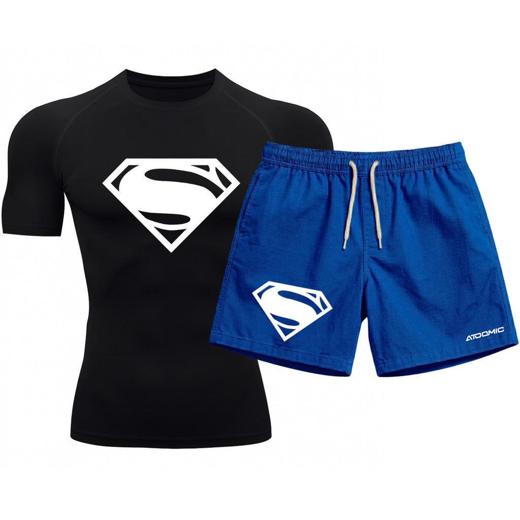 Kit Camiseta Térmica Manga Curta Uv E Bermuda Elastano Estampa Super Man Rash Guard