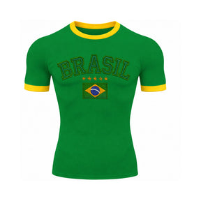 Camiseta Compressão Manga Curta Brasil Estilo Bordado Colorida Rash Guard