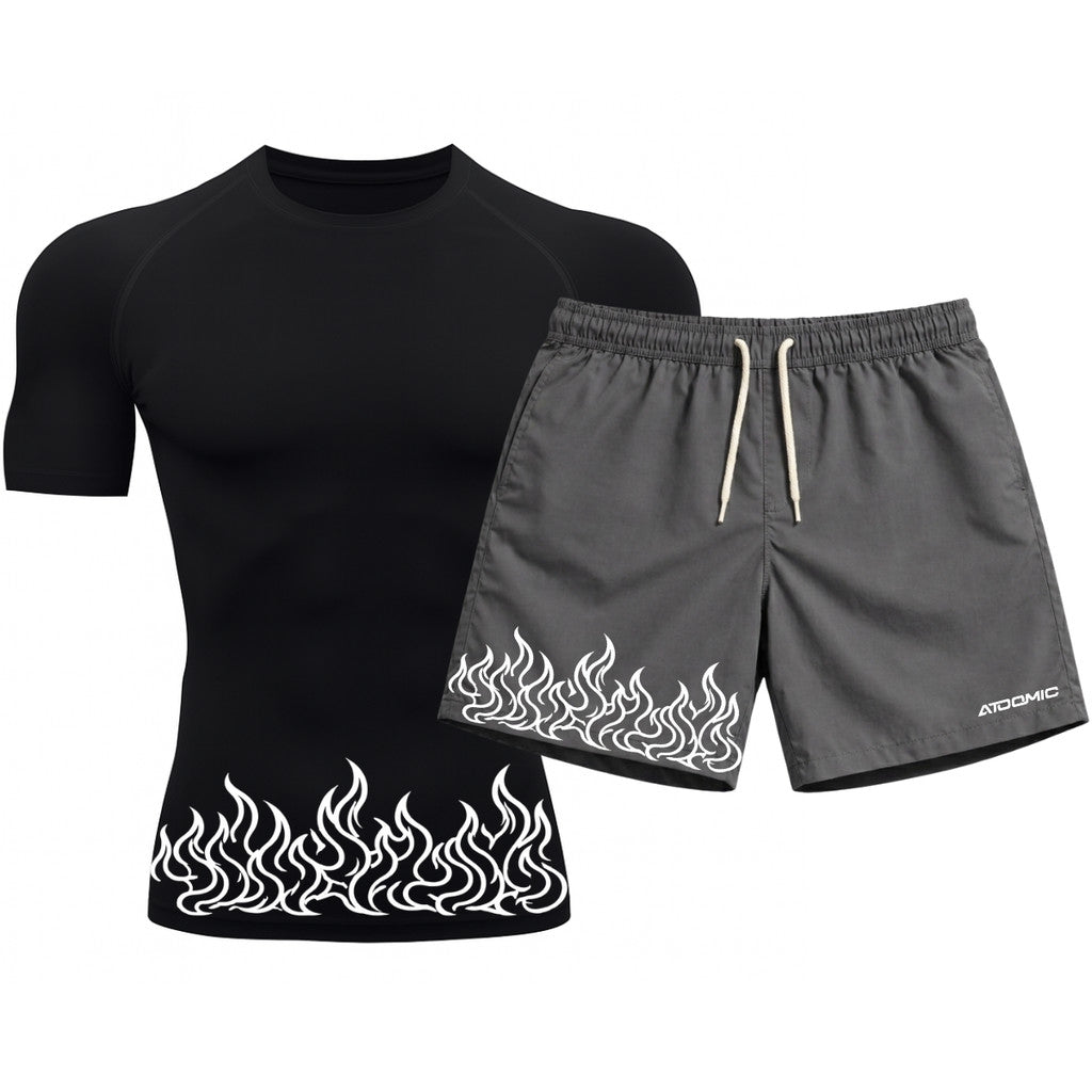 Kit Camiseta Térmica Manga Curta Uv E Bermuda Elastano Estampa Fire Line Blaze Rash Guard