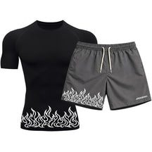 Kit Camiseta Térmica Manga Curta Uv E Bermuda Elastano Estampa Fire Line Blaze Rash Guard