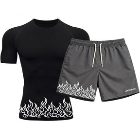 Kit Camiseta Térmica Manga Curta Uv E Bermuda Elastano Estampa Fire Line Blaze Rash Guard