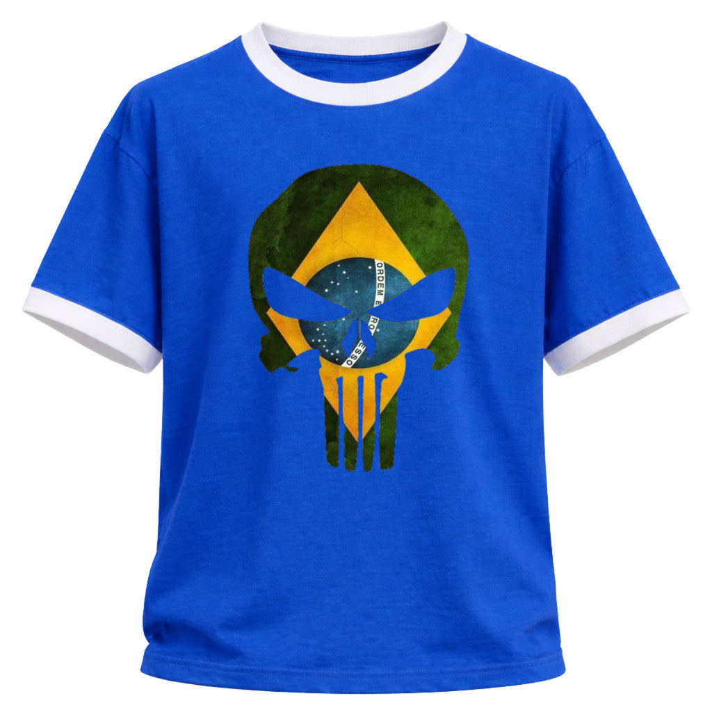 Camiseta Algodão Manga Curta Gola E Manga Colorida UV Justiceiro Brasil Rash Guard
