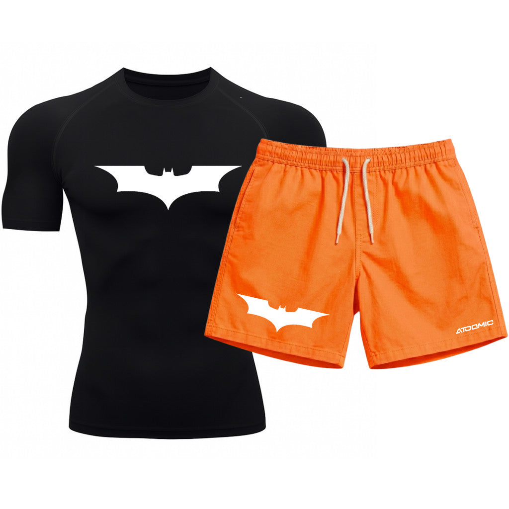 Kit Camiseta Térmica Manga Curta Uv E Bermuda Elastano Estampa Batman Rash Guard