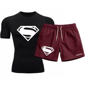 Kit Camiseta Térmica Manga Curta Uv E Bermuda Elastano Estampa Super Man Rash Guard