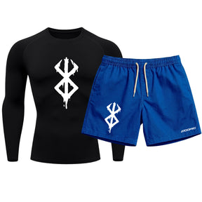 Kit Camiseta Térmica Manga Longa Uv E Bermuda Elastano Estampa Berderk Rash Guard