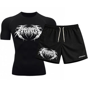 Kit Camiseta Térmica Manga Curta Uv E Bermuda Elastano Estampa Cyber Tribal Rash Guard