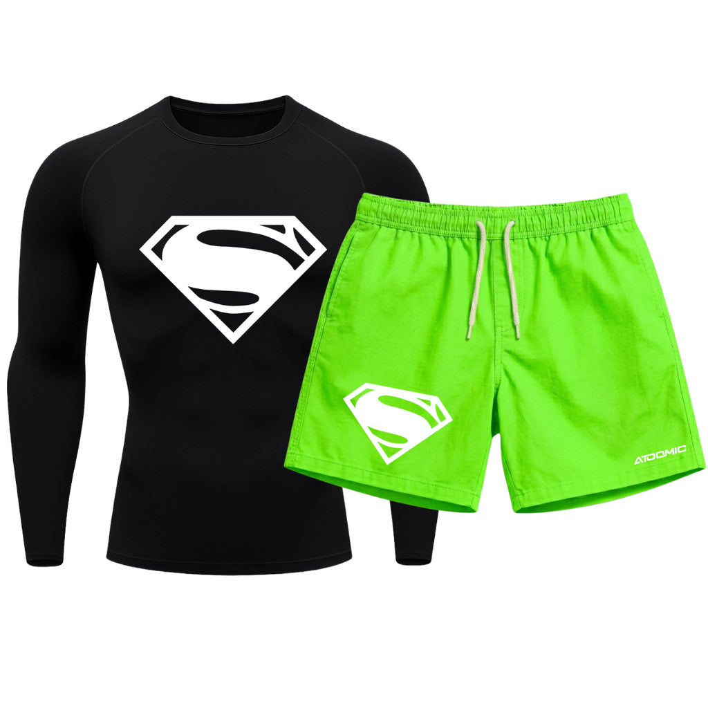 Kit Camiseta Térmica Manga Longa Uv E Bermuda Elastano Estampa Super Man Rash Guard