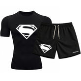 Kit Camiseta Térmica Manga Curta Uv E Bermuda Elastano Estampa Super Man Rash Guard