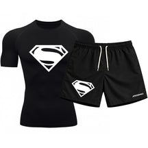 Kit Camiseta Térmica Manga Curta Uv E Bermuda Elastano Estampa Super Man Rash Guard