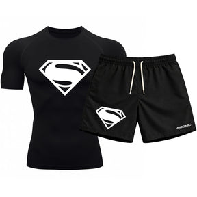 Kit Camiseta Térmica Manga Curta Uv E Bermuda Elastano Estampa Super Man Rash Guard