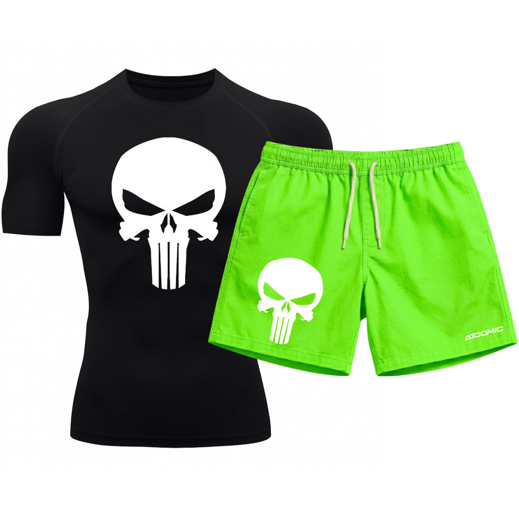 Kit Camiseta Térmica Manga Curta Uv E Bermuda Elastano Estampa Justiceiro Rash Guard