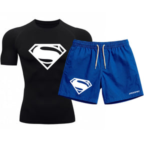 Kit Camiseta Térmica Manga Curta Uv E Bermuda Elastano Estampa Super Man Rash Guard