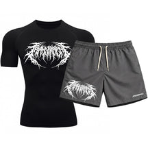 Kit Camiseta Térmica Manga Curta Uv E Bermuda Elastano Estampa Cyber Tribal Rash Guard