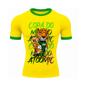 Camiseta Manga Curta Gola E Manga Colorida UV Atoomic Mascote Onça Brasil Edition Copa