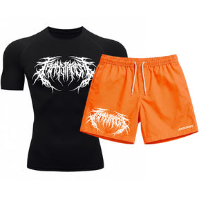 Kit Camiseta Térmica Manga Curta Uv E Bermuda Elastano Estampa Cyber Tribal Rash Guard