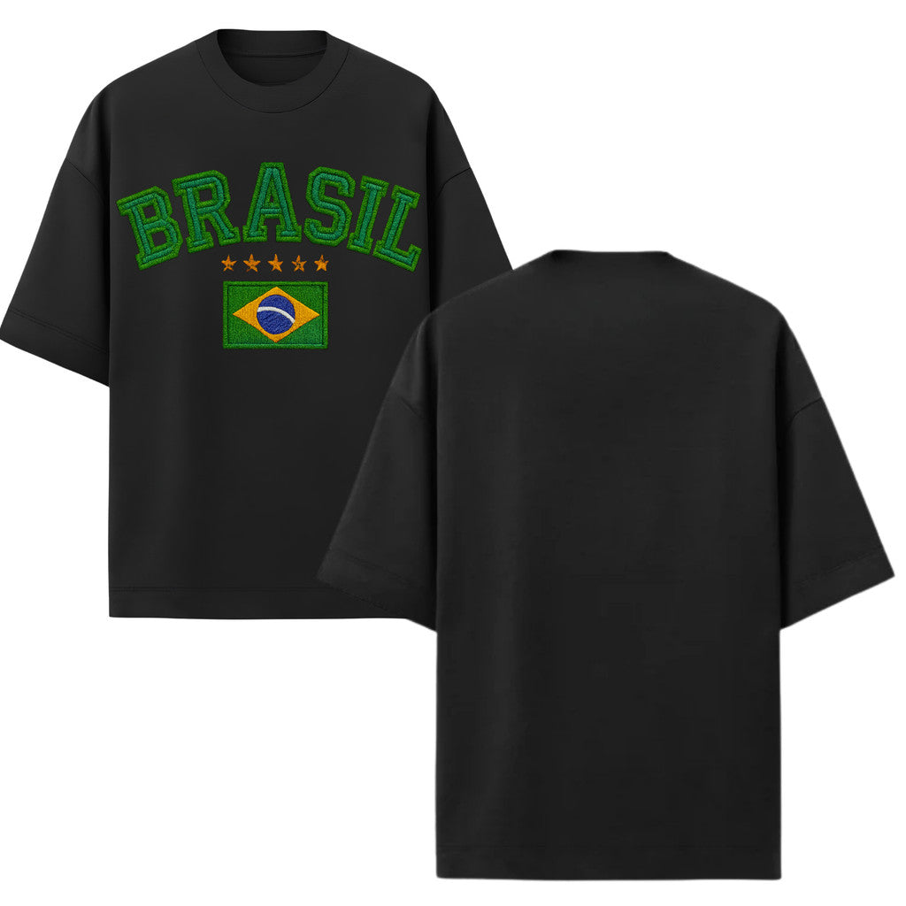 Camiseta Oversized Manga Curta Brasil Estilo Bordado Varias Cores