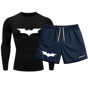 Kit Camiseta Térmica Manga Longa Uv E Bermuda Elastano Estampa Batman Rash Guard