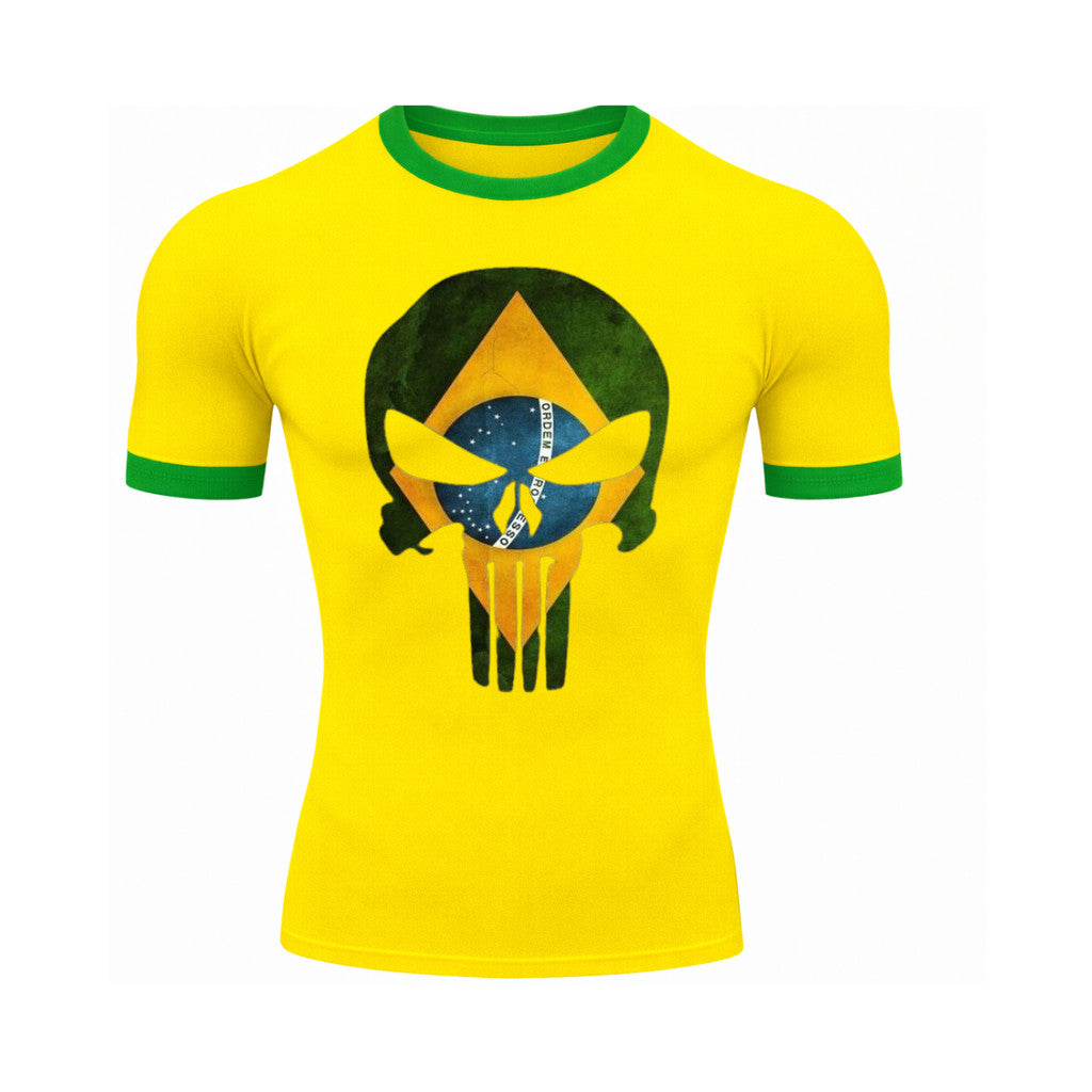 Camiseta Manga Curta Gola E Manga Colorida UV Justiceiro Brasil Rash Guard