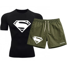 Kit Camiseta Térmica Manga Curta Uv E Bermuda Elastano Estampa Super Man Rash Guard