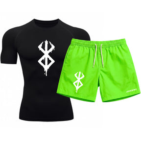 Kit Camiseta Térmica Manga Curta Uv E Bermuda Elastano Estampa Berderk Rash Guard
