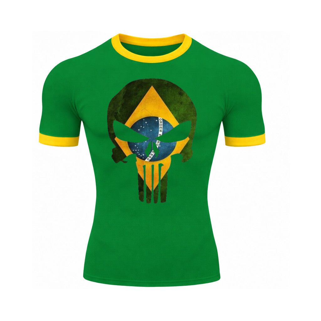 Camiseta Manga Curta Gola E Manga Colorida UV Justiceiro Brasil Rash Guard