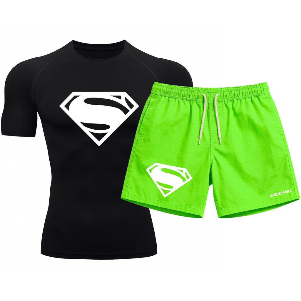 Kit Camiseta Térmica Manga Curta Uv E Bermuda Elastano Estampa Super Man Rash Guard