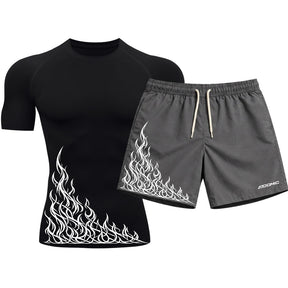 Kit Camiseta Térmica Manga Curta Uv E Bermuda Elastano Estampa Flame Velocity Rash Guard
