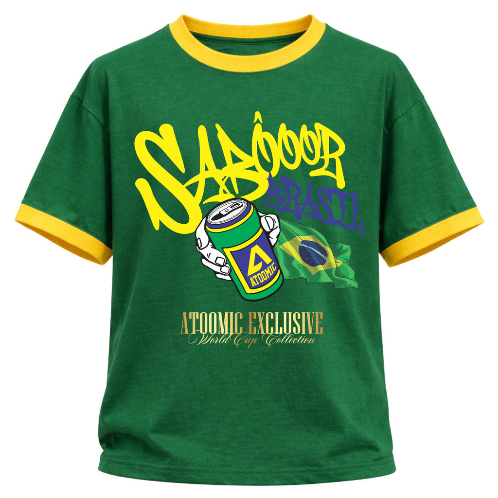 Camiseta Algodão Manga Curta Gola E Manga Colorida UV Atoomic Sabor Brasil Edition Copa