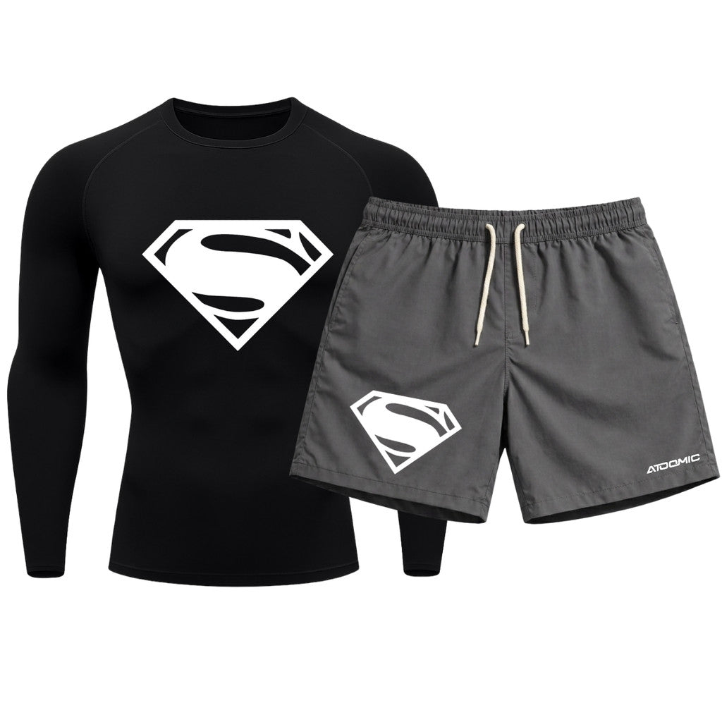 Kit Camiseta Térmica Manga Longa Uv E Bermuda Elastano Estampa Super Man Rash Guard