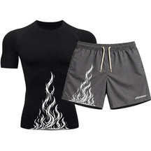 Kit Camiseta Térmica Manga Curta Uv E Bermuda Elastano Estampa Fire Ascension Rash Guard