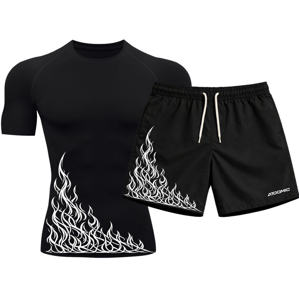 Kit Camiseta Térmica Manga Curta Uv E Bermuda Elastano Estampa Flame Velocity Rash Guard