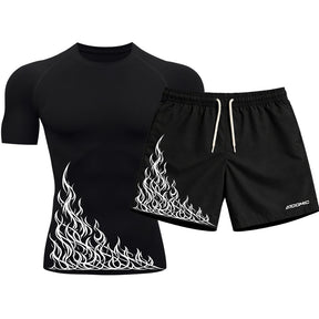 Kit Camiseta Térmica Manga Curta Uv E Bermuda Elastano Estampa Flame Velocity Rash Guard