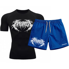 Kit Camiseta Térmica Manga Curta Uv E Bermuda Elastano Estampa Cyber Tribal Rash Guard