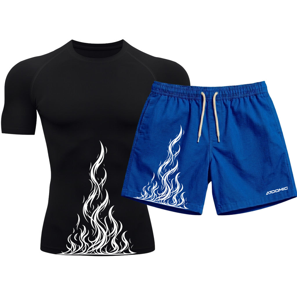 Kit Camiseta Térmica Manga Curta Uv E Bermuda Elastano Estampa Fire Ascension Rash Guard